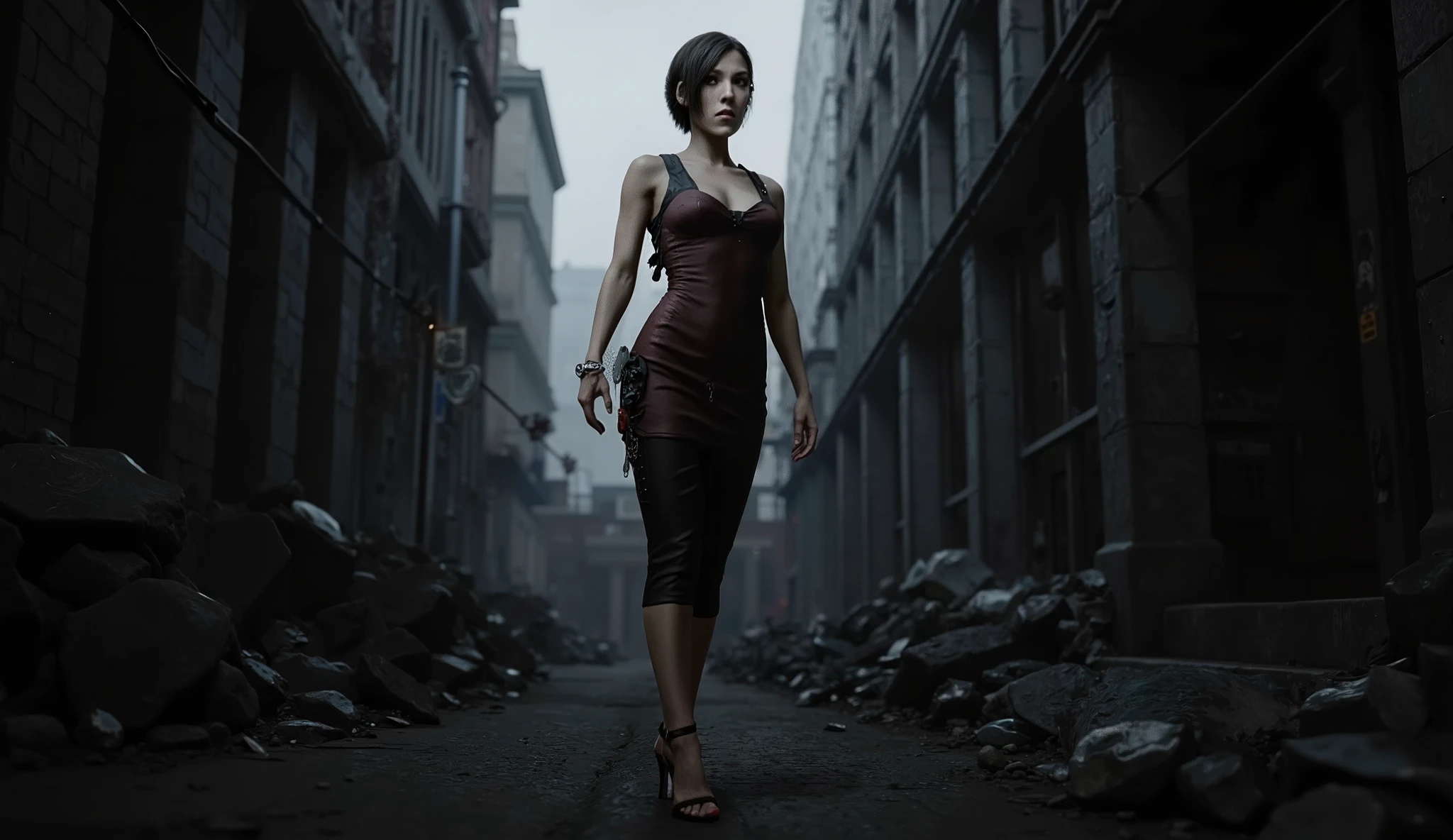 Resident Evil, Ada Wong, big breasts, perfect breasts, perfect body, dilapidated city, Apocalyptic, dark alley background, high detail, masterpiece.
