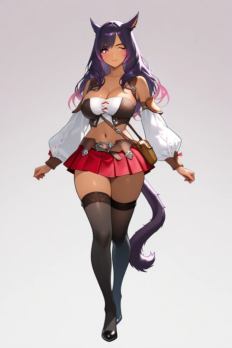 {{adult}}, 1girl, {{{{wide hips}}}}, {{{cat ears}}}, brown skin, 1girl, full body, solo female, mature female, beautiful girl,beautiful miqo'te face,anime eyes, soft lighting, detailed face , wavey hair,long flowing hair,pink highlights in hair, {{dark purple hair}},  bob cut,(large wolf ears), anime, medium breast,full breast,round breast,miqo'te, cat tail, whisker markings, cleavage, crop top, detached sleeves, belt, bag, navel, midriff, miniskirt, pleated skirt, red skirt, black thighhighs, miqo'te starting gear
