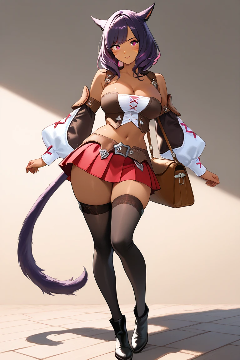 {{adult}}, 1girl, {{{{wide hips}}}}, {{{cat ears}}}, brown skin, 1girl, full body, solo female, mature female, beautiful girl,beautiful miqo'te face,anime eyes, soft lighting, detailed face , wavey hair,long flowing hair,pink highlights in hair, {{dark purple hair}},  bob cut,(large wolf ears), anime, medium breast,full breast,round breast,miqo'te, cat tail, whisker markings, cleavage, crop top, detached sleeves, belt, bag, navel, midriff, miniskirt, pleated skirt, red skirt, black thighhighs, miqo'te starting gear