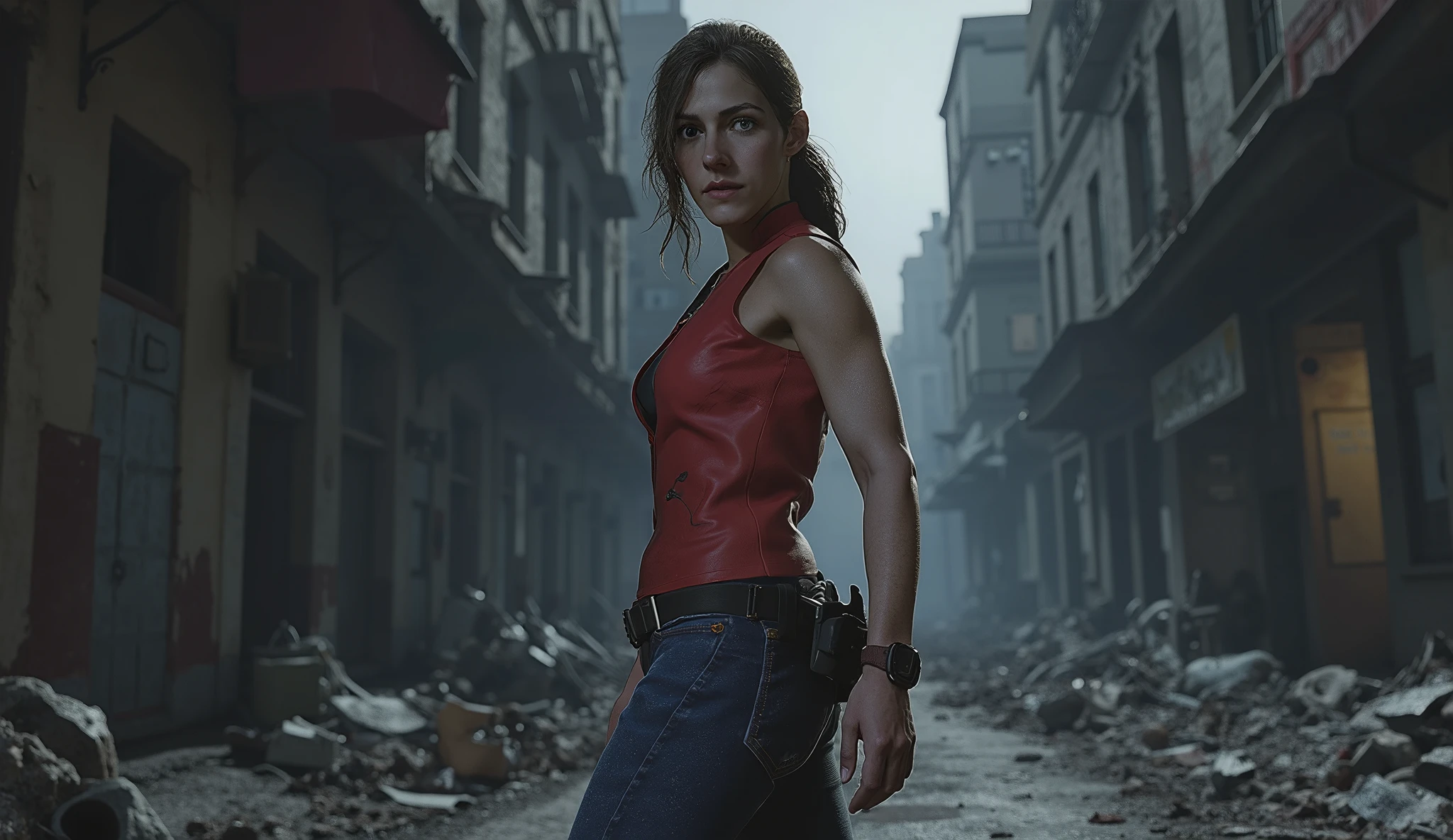 Resident Evil, Claire Redfield, big breasts, perfect breasts, perfect body, dilapidated city, Apocalyptic, dark alley background, high detail, masterpiece.