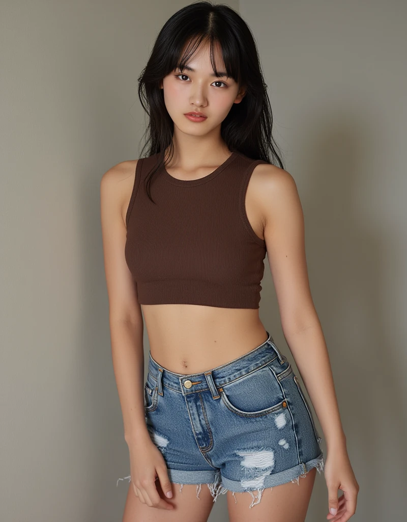 (masterpiece, best quality, (1 Girl:1.5), Solitary, Intricate details, Chromatic Aberration), ((Short Wavy Hair, Bangs, (black eyes:1.5), blunt Bangs, Orange Hair, Bob Cut)), Small earrings, Necklace, (Large Breasts: 1), cleveage, Confident smile, (Black thin material top, Denim shorts), The waist is open, (Symmetrical eyes), (Perfectly symmetrical body), (((Natural light))), ((Standing under the basketball hoop)),Raise the basketball with one hand