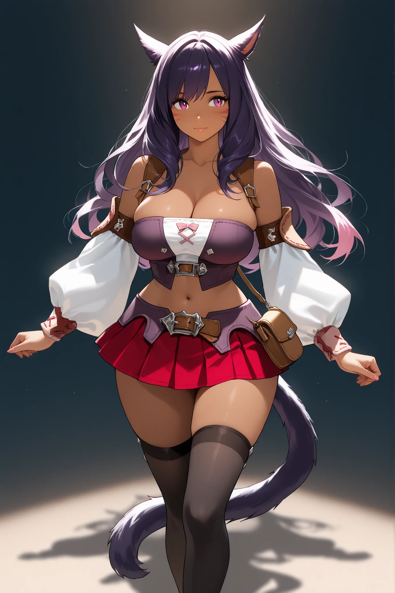 {{adult}}, 1girl, {{{{wide hips}}}}, {{{cat ears}}}, brown skin, 1girl, full body, solo female, mature female, beautiful girl,beautiful miqo'te face,anime eyes, soft lighting, detailed face , wavey hair,long flowing hair,pink highlights in hair, {{dark purple hair}},  bob cut,(large wolf ears), anime, medium breast,full breast,round breast,miqo'te, cat tail, whisker markings, cleavage, crop top, detached sleeves, belt, bag, navel, midriff, miniskirt, pleated skirt, red skirt, black thighhighs, miqo'te starting gear
