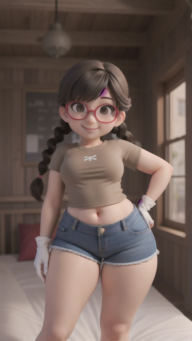 (Obra prima), (Pixar), retrato de corpo inteiro, olhando pra frente, with small feminine aesthetic appearance, pequenos seios, a roupa deve incluir saia muito curta, mostrando calcinhas fofas,. Ela deveria sorrir timidamente enquanto se alongava, 