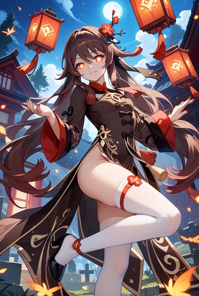 (((best quality)), ((masterpiece)), (details), masterpiece, best quality, high quality, ulutra detailed, perfect face,Shiny Hair、Glowing Skin、blush、Lustful look、1girl、walnut、Genshin Impact、smile、hutao,1girl,jewelry,hat,flower,red eyes、Festivals、Lanterns lined up、Chinese gorgeous outdoor background、Cat Pose