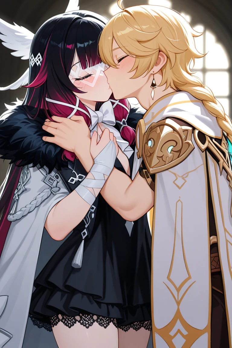 shy, kiss, kissing, lovers, couple, man and woman, love, mature, a cat woman, she has freckles, she has dark brown eyes and an upturned nose, she is happy and smiling, she has long wavy hair, black hair, she is wearing aviator sunglasses with clear lenses in a soft watercolor style. The girl's clothes must be pink, purple, and blue in celebration of the bisexual, with stains of ink and watercolor mixing and filling the scene. he has blonde hair, he is handsome, he is slim, he is kind. There should be a subtle, nuanced change in colors using the impasto technique with gouache paint. There should be a light rain in the watercolor painting with a little watercolor paper texture and a pastel background.