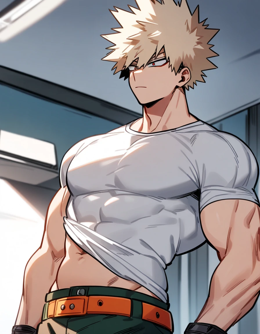 Bakugo Katsuki《My Hero Academia》, Wearing black sweatpants and topless, Smile, Bodybuilder, definition, Big abdominal muscles, super muscles, in fitness