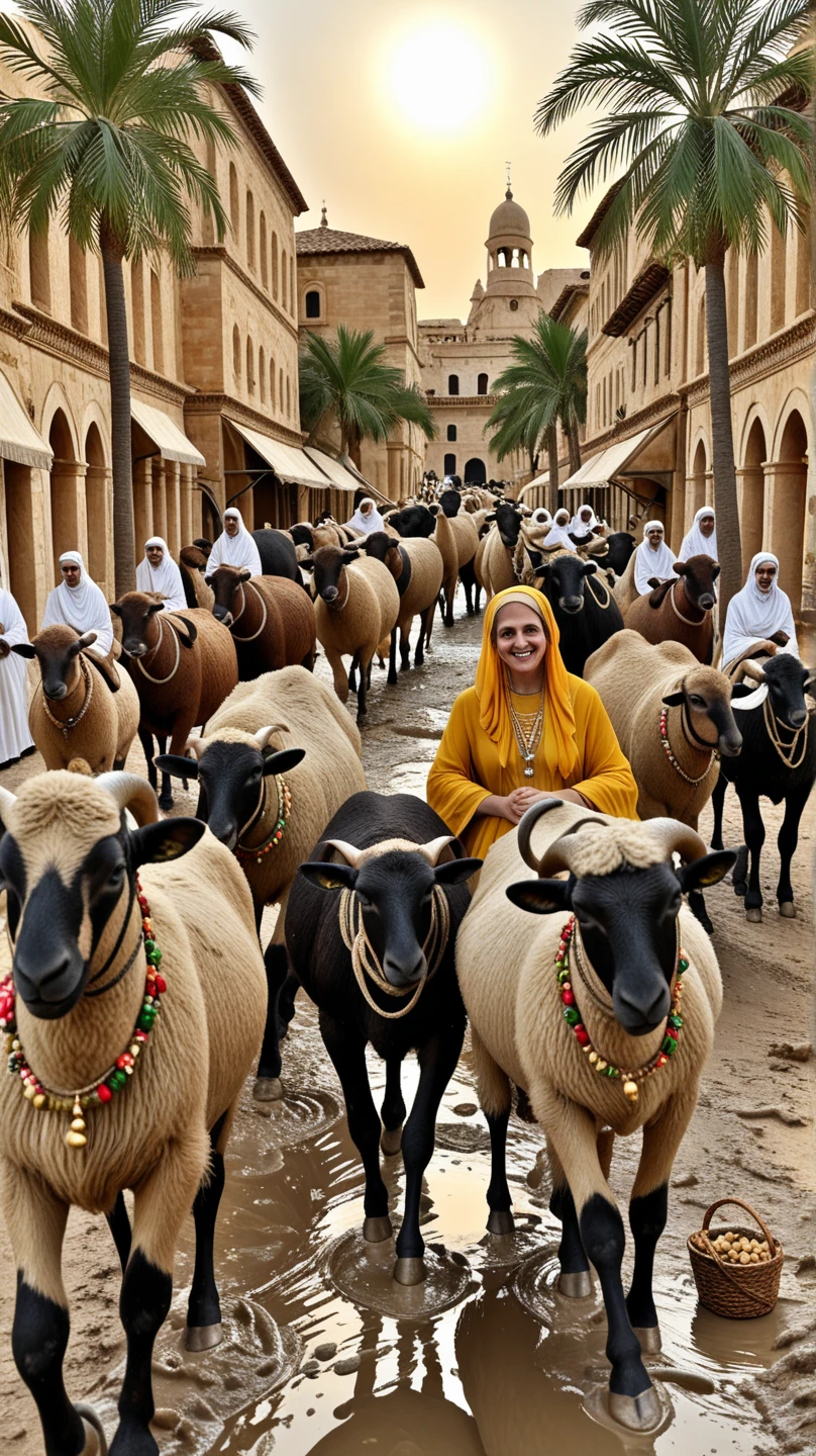 A cinematic photograph close up body shot capturing five Indonesian Muslim models, comprising two women and three men. They are dressed in elegant, textured traditional Muslim attire with natural motifs. The scene takes place during the serene and joyous celebration of Eid al-Adha, radiating a sense of peace and tranquility. The background features a beautiful mosque, surrounded by lush, animals cow, sheep, green natural scenery. The sky above is a mesmerizing blend of galaxy cosmic nebula, creating a masterpiece of visual harmony, vibrant color and splendor.