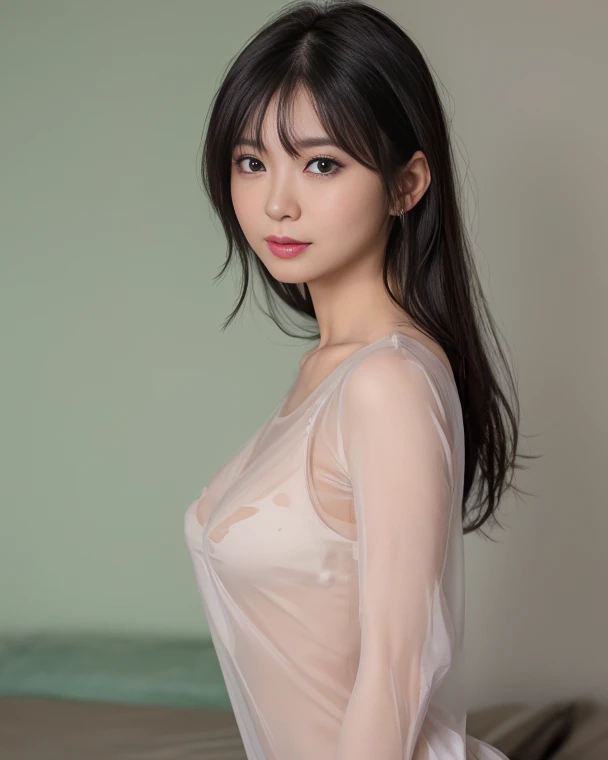masterpiece:1.2, Very detailed, Ultra-high resolution, Realistic, photo Realistic:1.6, High-resolution RAW color photos, Professional photos, Sharp focus:1.2, Very detailed顔と肌の質感, Very beautiful eyes, Glossのある肌, Glowing Skin, Glowing Skin, Shining Face, Gloss, Oily skin, greasy face, Oily skin, greasy face,, real Glossのある肌 texture, Perfect Anatomy, Very detailed背景,(Luxury resort hotel room at night)),1 female,2. Women, Japanese women,height: 168cm,short hair, Straight hair, bangs, Brown Hair,((Flat Chest:1.6)), (Transparent white short-sleeved collared shirt),(A wet, transparent shirt:1.6),(Open shirt:1.2),Luxury earrings、Luxury Necklace、A wet, transparent shirt、A wet, transparent shirt、Invite to SEX,((A body that is so shiny with oil:1.7))
