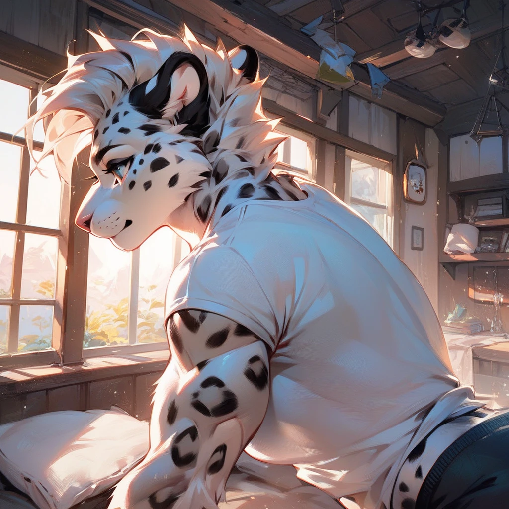 male, anthro furred dragon, beatyful cute face, white fur, white body, waved mouth, white messy hair, cute, cute yawn, , solo, femenine face shape, sitting down on a bed, yawning hard, yawning before sleep, nightlamp next to bed, closed eyes,, wearing dark blue mens boxer shorts, wearing mens grey tank top, stretching his arms into the air, open mouth, closed eyes, tired, happy, warm lighting, nighttime, about to go to bed, fluffy white fur, fur puffing out at every area not covered by clothes, artist: taran_fiddler, pointy ears, 16 years old, tired face, tired, chill dude, cool furred dragon, good pal, realistic lighting, realistic quality, hi res, 4k, wide dynamic range, wingless_furred_dragon, trending on artstation