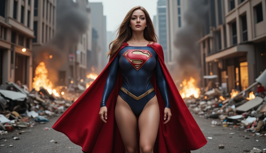motor irreal:1.4,UHD,La mejor calidad:1.4, fotorrealista:1.4, textura de la piel:1.4, obra maestra:1.8,Cuerpo de hermosa mujer con grandes pechos, vestido de disfraz de Supergirl,minifalda corto, top corto, Fire apocalyptic city,