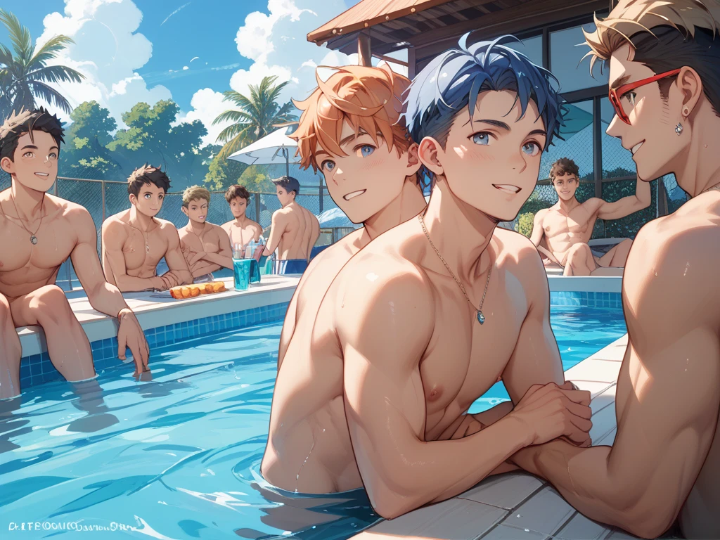 Four male teenagers are bathing in white cake frosting four male teenagers are very different the cake frosting pool in a secret pool the image has to be in anime