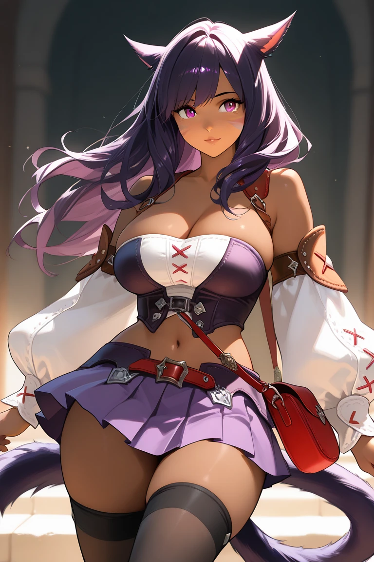 {{adult}}, 1girl, {{{{wide hips}}}}, {{{cat ears}}}, brown skin, 1girl, full body, solo female, mature female, beautiful girl,beautiful miqo'te face,anime eyes, soft lighting, detailed face , wavey hair,long flowing hair,pink highlights in hair, {{dark purple hair}},  bob cut,(large wolf ears), anime, small breast,full breast,round breast,miqo'te, cat tail, whisker markings, cleavage, crop top, detached sleeves, belt, bag, navel, midriff, miniskirt, pleated skirt, purple skirt, black thighhighs, miqo'te starting gear
