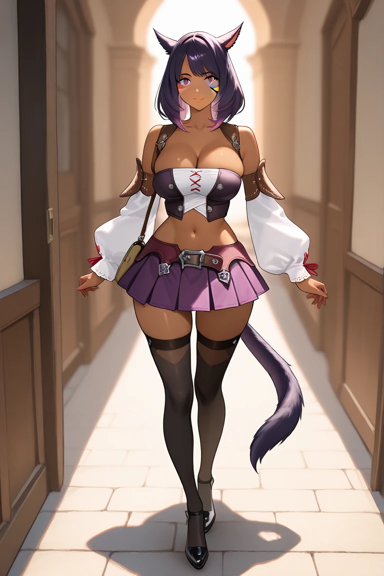 {{adult}}, 1girl, {{{{wide hips}}}}, {{{cat ears}}}, brown skin, 1girl, full body, solo female, mature female, beautiful girl,beautiful miqo'te face,anime eyes, soft lighting, detailed face , wavey hair,long flowing hair,pink highlights in hair, {{dark purple hair}},  bob cut,(large wolf ears), anime, small breast,full breast,round breast,miqo'te, cat tail, whisker markings, cleavage, crop top, detached sleeves, belt, bag, navel, midriff, miniskirt, pleated skirt, purple skirt, black thighhighs, miqo'te starting gear