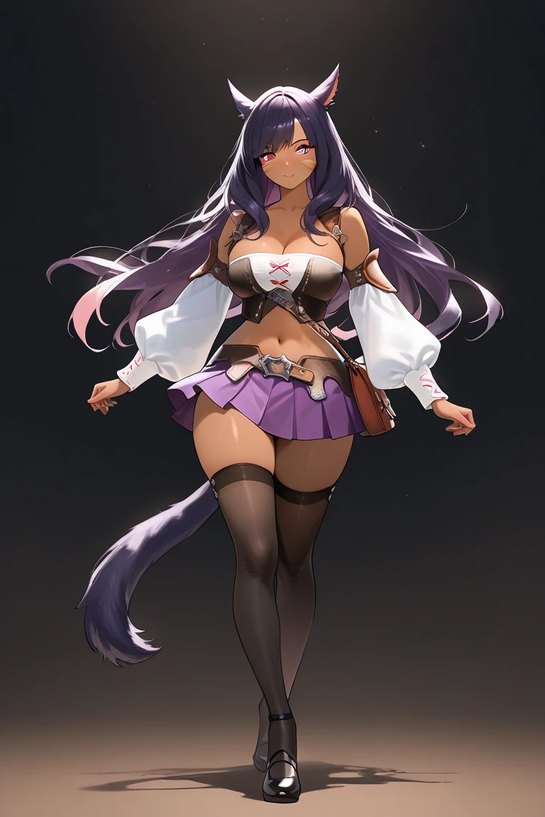 {{adult}}, 1girl, {{{{wide hips}}}}, {{{cat ears}}}, brown skin, 1girl, full body, solo female, mature female, beautiful girl,beautiful miqo'te face,anime eyes, soft lighting, detailed face , wavey hair,long flowing hair,pink highlights in hair, {{dark purple hair}},  bob cut,(large wolf ears), anime, small breast,full breast,round breast,miqo'te, cat tail, whisker markings, cleavage, crop top, detached sleeves, belt, bag, navel, midriff, miniskirt, pleated skirt, purple skirt, black thighhighs, miqo'te starting gear