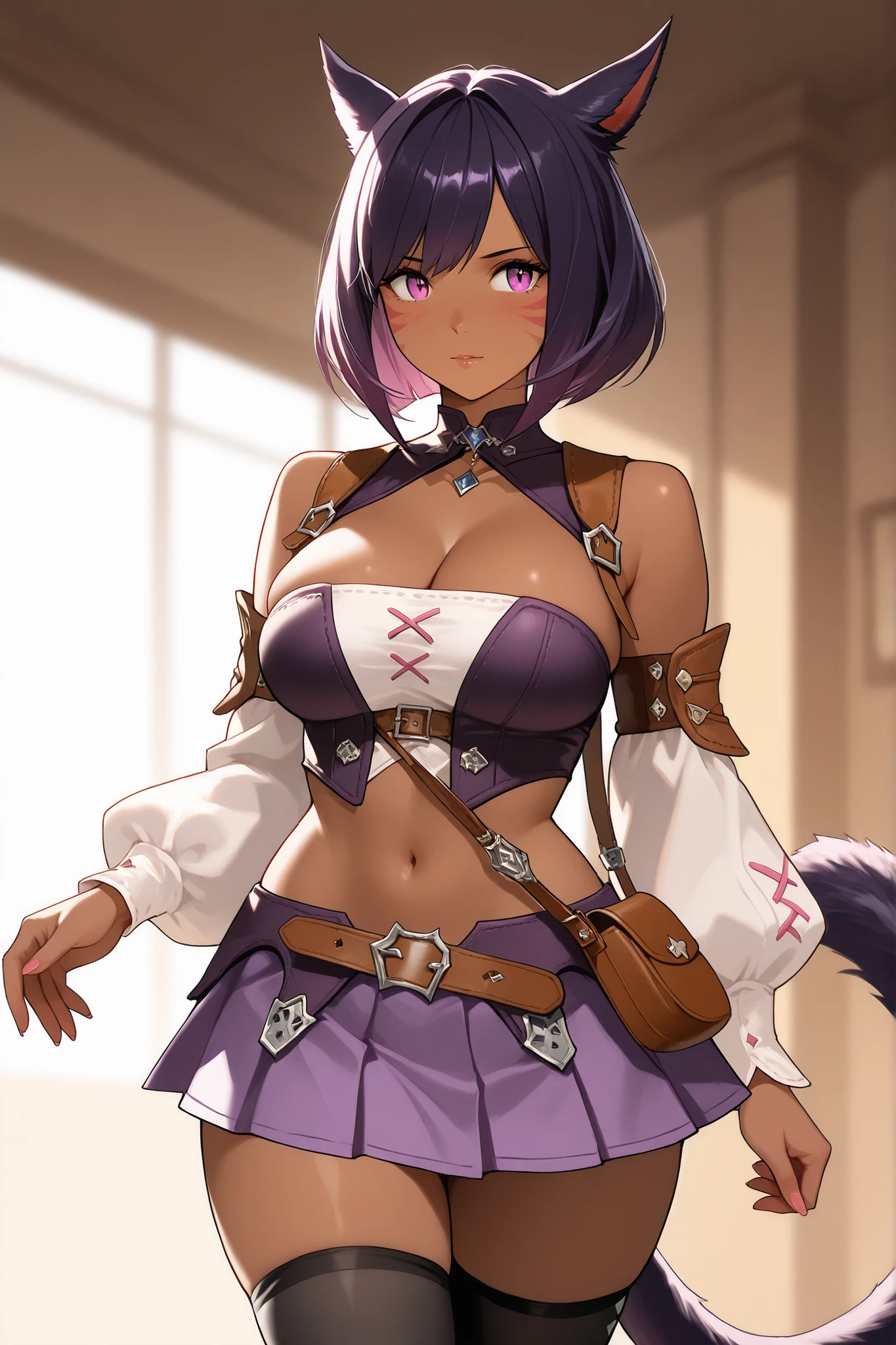 {{adult}}, 1girl, {{{{wide hips}}}}, {{{cat ears}}}, brown skin, 1girl, full body, solo female, mature female, beautiful girl,beautiful miqo'te face,anime eyes, soft lighting, detailed face , wavey hair,long flowing hair,pink highlights in hair, {{dark purple hair}},  bob cut,(large wolf ears), anime, small breast,full breast,round breast,miqo'te, cat tail, whisker markings, cleavage, crop top, detached sleeves, belt, bag, navel, midriff, miniskirt, pleated skirt, purple skirt, black thighhighs, miqo'te starting gear