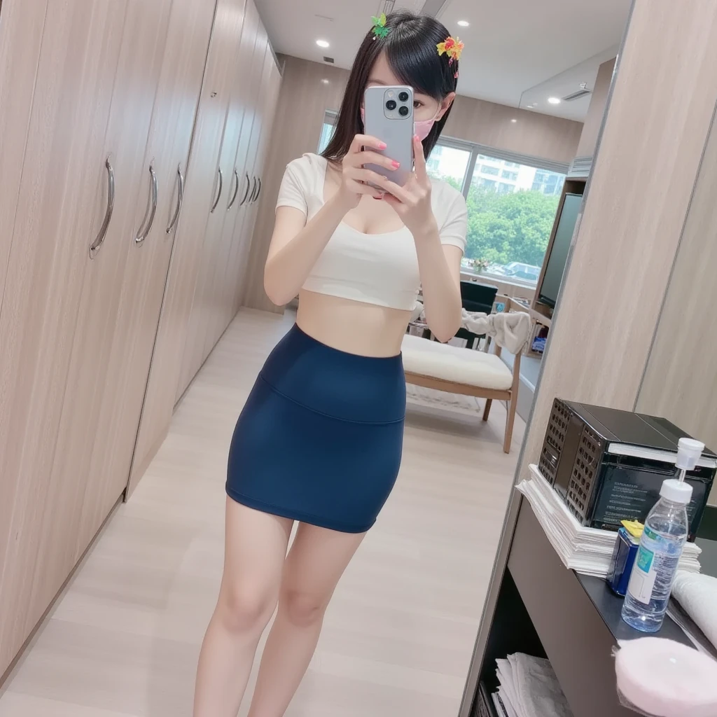 (8k), (highest quality: 1.2), (Realistic), (Realistic: 1.37), Ultra-high resolution, 1 girl, cute, Embarrassed expression,smile, (Blushing:1.4),Mouth closed, Beautiful details, Beautiful Nose, whole body, Smooth black hair,  Thighs,Selfie,mini skirt,Leather platform boots,Grey Calvin Klein sports bra,cute like an idol,gravure, (closed up shiny	pantyhose:1.2), closed face