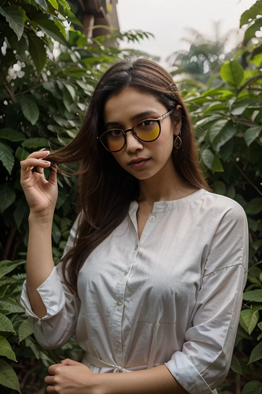 Beautiful girl at the age of 23 years, Wears golden round glasses., light brown eyes, Mouth, slightly thin lips, The nose is quite short., very big cheeks, The ears are quite small., brown skin, Short chin, Pleasant facial expression, The hair is very straight, very black below the shoulders., no border. Highlight facial details, Delicate and light strokes, Realistic look, good light, Wear a yellow t-shirt covering your chest.. Smiling and looking at the audience. Posing well and looking good.