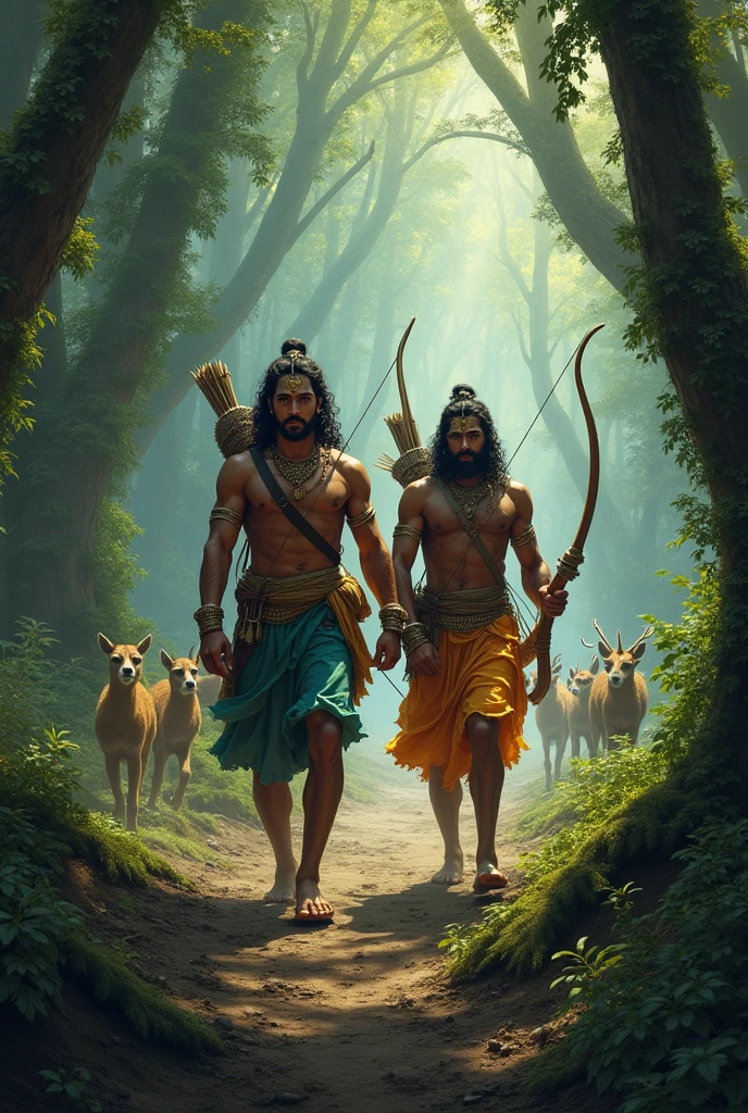In cinematic 3d cartoon style “ * Rama and Lakshmana, determined and armed, navigating a dense forest. They are surrounded by thick trees and rugged terrain, with a sense of urgency in their expressions as they search for Sita.”