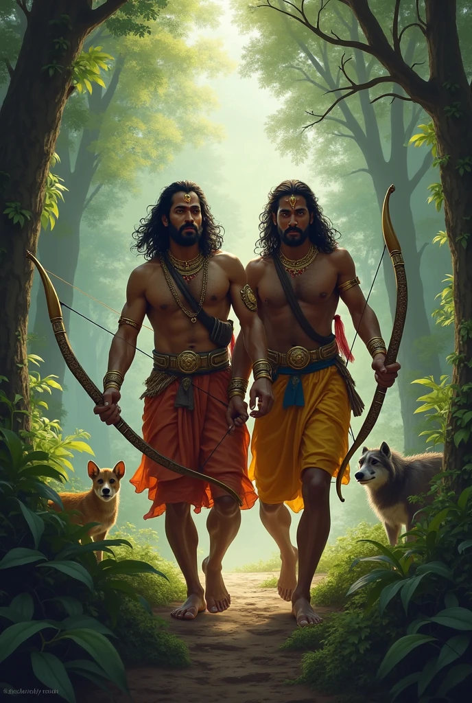 In cinematic 3d cartoon style “ * Rama and Lakshmana, determined and armed, navigating a dense forest. They are surrounded by thick trees and rugged terrain, with a sense of urgency in their expressions as they search for Sita.”