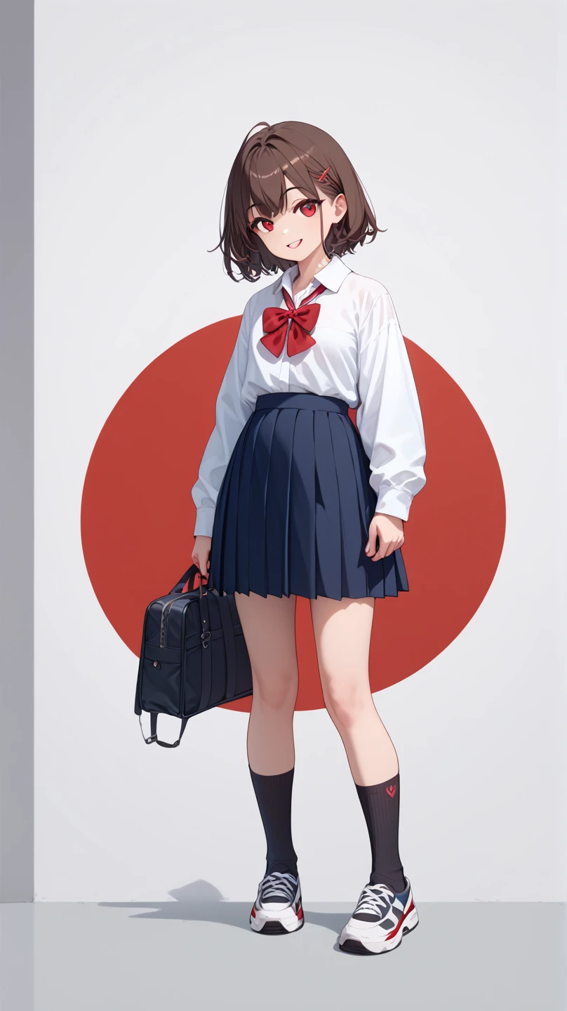 16K,1girl,12 years old,very cute,black hair,twintail,thin twintail,black eyes,r-shirt,Short sleeve,Red Skirt, red satchel with back straps,flat chest,white background,blush,light smile