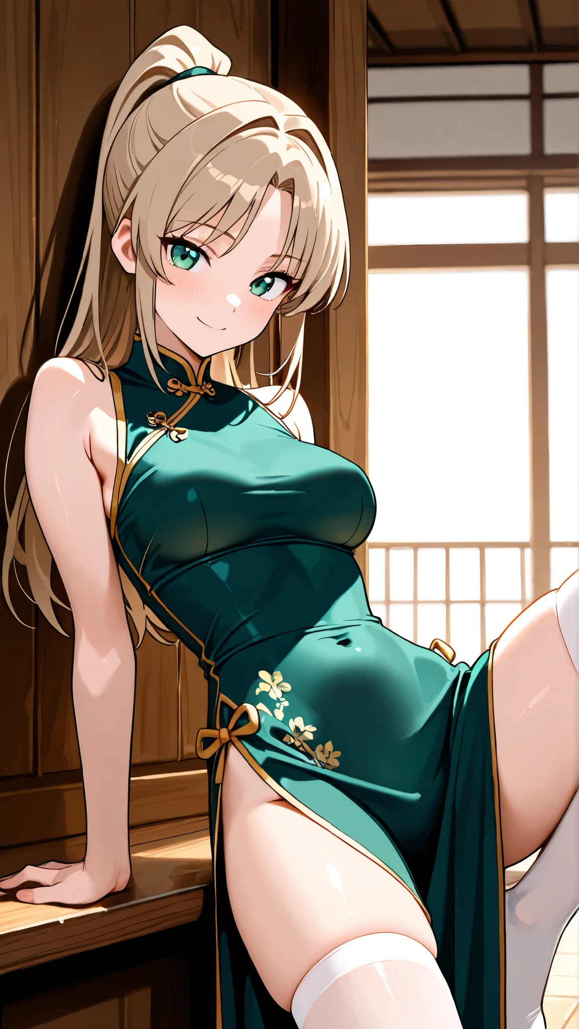 kneeling on the bed、Wearing a green cheongsam、Nipples are visible、Blonde、Bun Hair