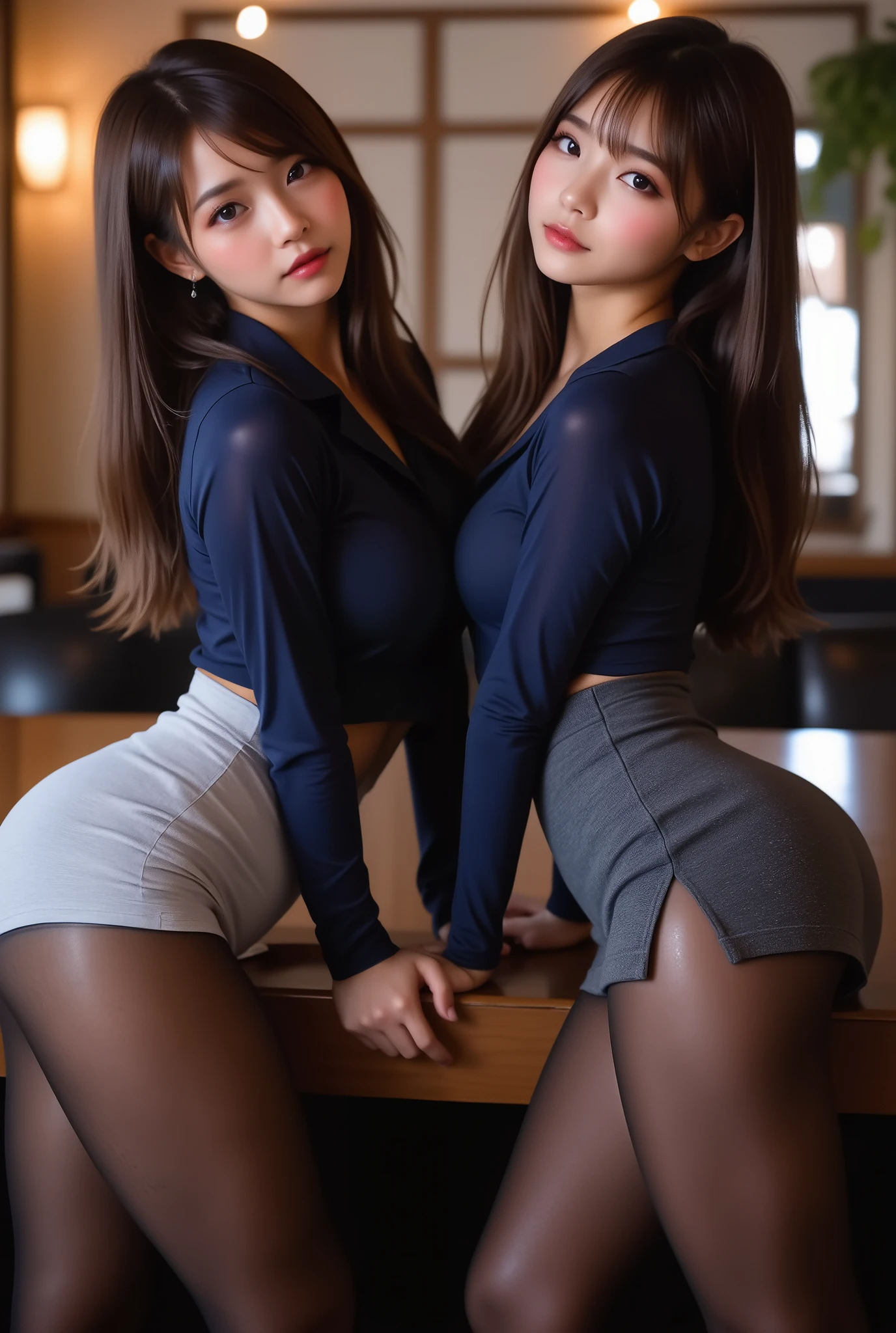 Three 30-year-old girls, silber hair, white shirt, Deep V-neckline, empty classroom, BDSM, slaves, a plump figure, black undersuit, blackpantyhose, Big emphasis, big butt emphasis, Bare breasts, sits at a table, exposed ass, high heels, finely-detailed eyes, skinny pants, kissing each other, Lesbian, 4k high res