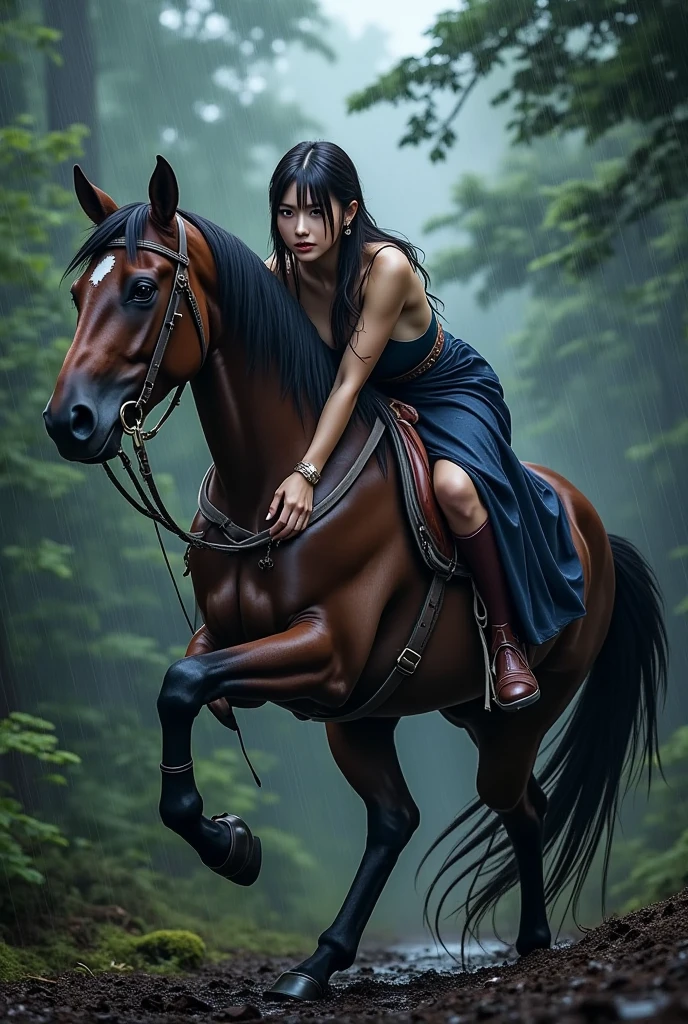 ((full body, hyperrealistic, photorealistic, 8k, intricate details)), a dark elf princess, with long flowing black hair, blue eyes, pale silky skin, full breasts, full lips, wearing a sensual low-cut black silk tank top dress , thorn tiara, earrings, bracelets, necklaces, wearing shoes, is mounted on the back of a white horse, riding through a swamp at dusk, starry sky, milky way, fireflies, dead trees, a swampy lake, and in the background forests and forests, full moon above in the sky and scattered clouds.