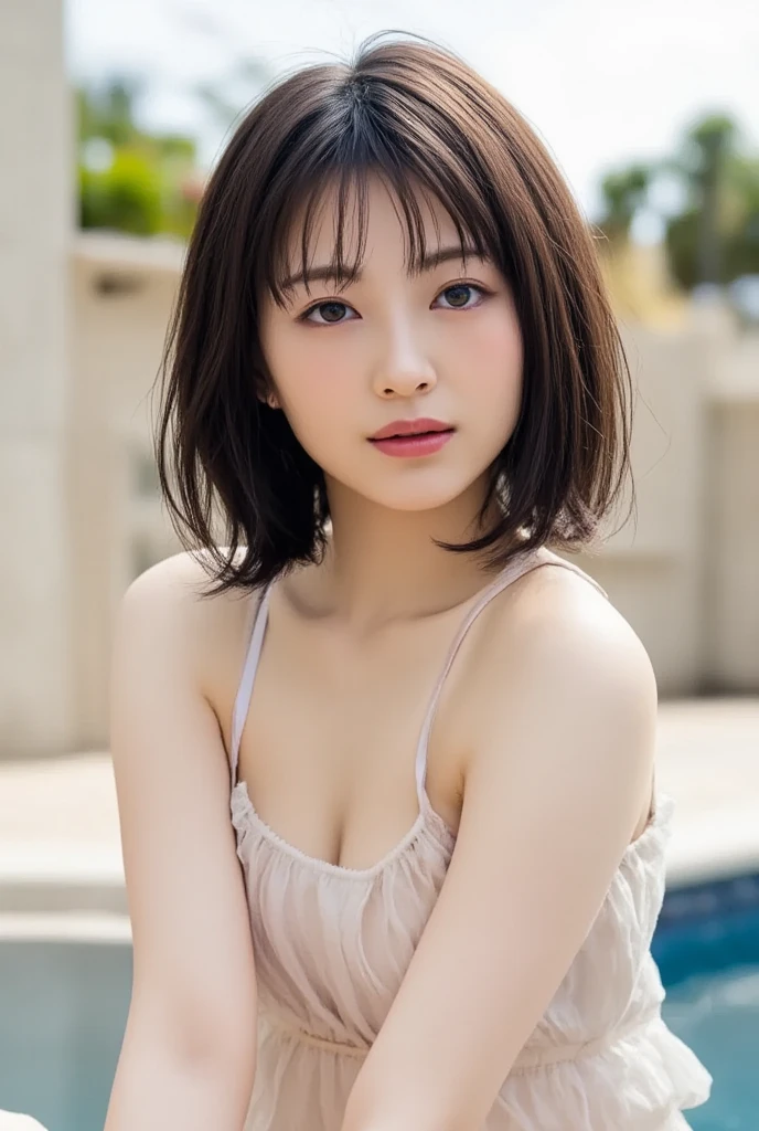 (highest quality:1.5)、(Realistic:1.5)、(1 person:1.5)、(Upper Body:1.5)、Very detailed、High resolution、8k wallpaper、、Small breasts、Natural color lips、Cute Smile、Japanese women、20-year-old girl、Beautiful and elegant face、Perfect and beautiful face、Big eyes、Brunette eyes、Beautiful and elegant face、Natural double eyelids、Natural Bangs、Beautiful thin nose、Beautiful Skin、Chestnut Hair、Medium Bob Hair、Short Hair、Natural Bangs、Perfect and beautiful face、Slim face and figure、(Looking at the camera with a cute expression)、Bright lighting、Professional Lighting、Forward lighting、Cute Smile、Ceremony venue、dress、Beautiful cleavage、mini skirt、Facing forward、Simple poses、Fair skin、slender、