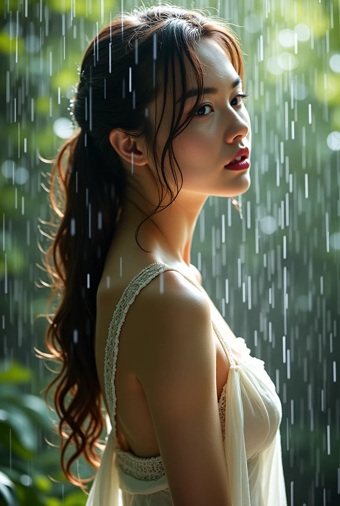 Create a high quality realistic image, white sexy girl wears a wide-necked shirt, stretches her neck in the rain, the girl's neck is so and so wet from the rain, the image let the audience see girl's neck