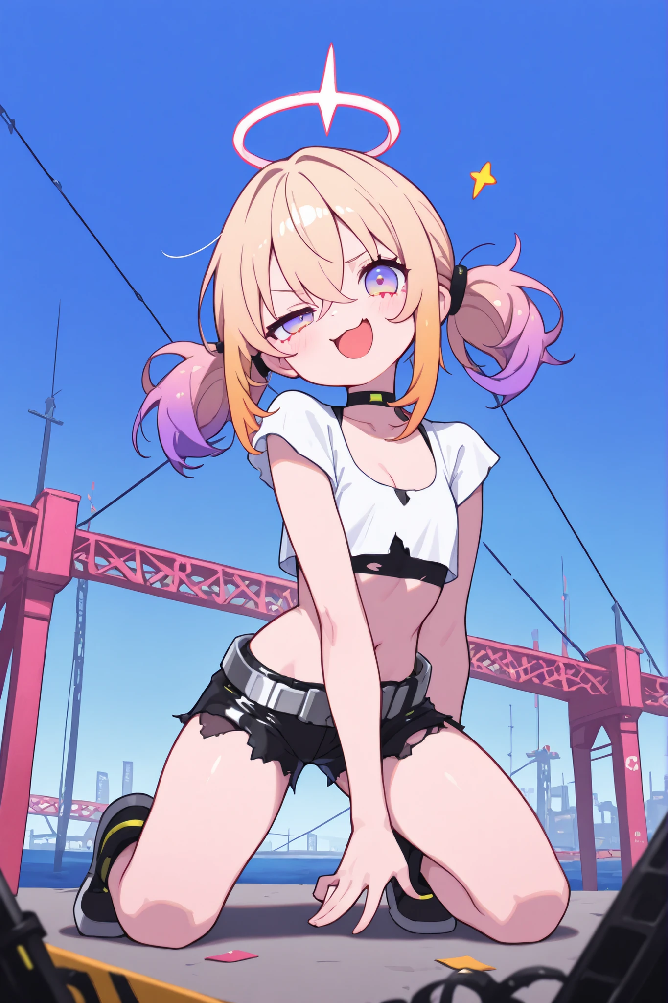((Masterpiece)), ((best quality, very aesthetic, absurdres, newest, detailed background, )), (8K), ((wide shot)), ((1girl)), (cute young girl), (Healthy Gaunt body, Textured skin, small chest, tilt head), Big eyes, ((pale purple eyes, gradient eyes, uneven eyes)), (crossed long bangs), low pigtails, gradient hair, (blonde hair, pink color Hair Tip, medium hair), ((smug, blush, open mouth wide)), cute cheeks, glossy lips, pouty lips, lower eyelashes, Beautiful collarbones, BREAK, (Cyberpunk sheer clothing, torn clothing, metal belt, pale pink sheer croptop, cheap Fabric croptop), (thin shorts, Black leather shorts), ((pulling croptop, pull by self, exposed cleavage)), loose kneeling against the rusty steel bridge, weird lightpole, (View of the sea and factory), Cluttered factory area, outdoor, midnight,
