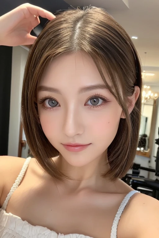 Highest quality. Tabletop, 8k, Best image quality, Award-winning works, One Girl, , The perfect V-neck plain T-shirt, Waist up upper body shot, (Look forward), Red eyeshadow, Perfect Makeup, Long eyelashes, Ultra HD Shining Eyes, Ultra HD Hair, Ultra-high resolution glossy lips, , Ultra HD cute face, Brown Hair, Very short straight hair, Look at me and smile, clavicle, Accurate anatomy, Face close-up, Luxury Love Hotel, The most atmospheric and warm lighting, Blurred Background