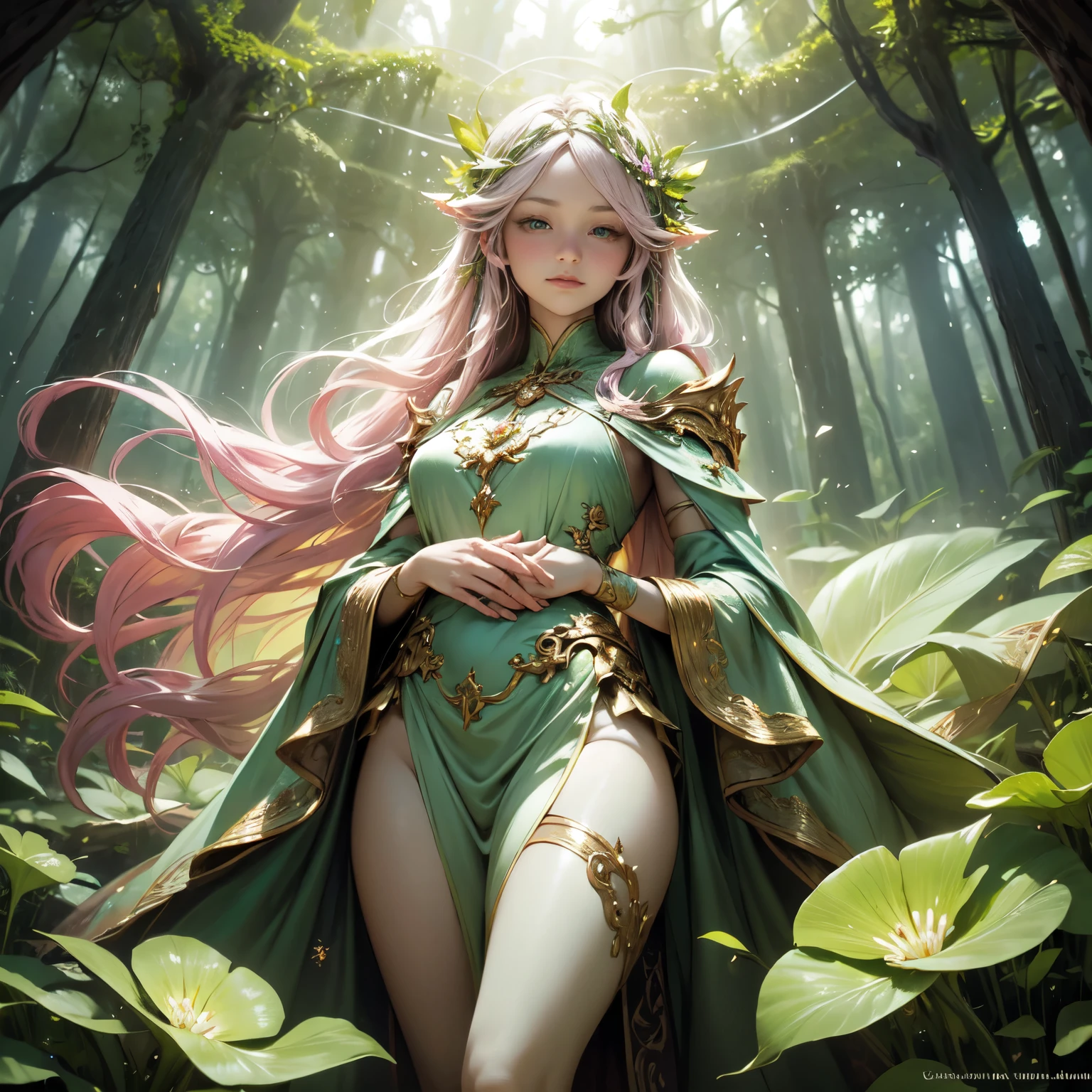 elfa

A beautiful elf with long flowing silver hair, piercing emerald eyes, and delicate pointed ears. She has a slender and graceful figure, dressed in a flowing ethereal gown made of shimmering moonlight fabric. The gown is adorned with intricate silver embroidery and delicate floral patterns, adding to the enchanting aura surrounding her. The elf is standing amidst a magical forest, with sparkling fairy lights illuminating the surroundings. The vibrant green leaves of the towering trees create a mesmerizing backdrop. Sunlight filters through the branches, casting ethereal rays of golden light on the elf's radiant face. She holds a magical staff in her hand, which emits a soft glowing energy, revealing her strong connection with nature. The atmosphere is filled with a sense of serenity and tranquility. The colors in the scene are vibrant and saturated, with a touch of mystical hues, enhancing the magical ambiance. The lighting is soft and gentle, with a warm golden glow, creating a dreamlike and otherworldly atmosphere. The image quality is of the highest standard, with ultra-detailed rendering capturing every intricate detail of the elf's features and the surrounding environment. The overall style of the image is fantasy art, with a blend of realism and a touch of surrealism, capturing the essence of the mystical and enchanting world of elves.