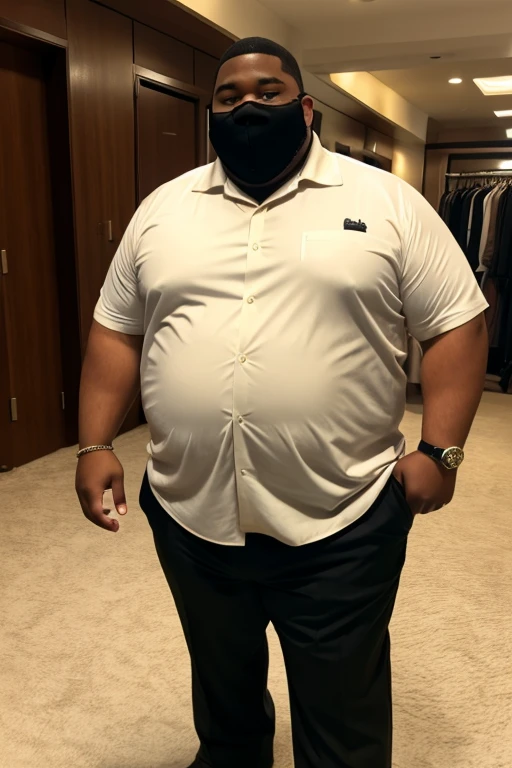 A big, chubby Japanese man in a suit、whole body、office、Thick legs、Thick arm muscles、Intimidating、Short Hair、Scary face、Long sleeve black jacket、Tight arm circumference、Long trousers、Tight suspension、Blue tie、Tight white shirt、bulging crotch、Shirt tucked into pants、Very good rugby player、Intimidating、Bearded、very strong、Suit size is small、Trouser size is small