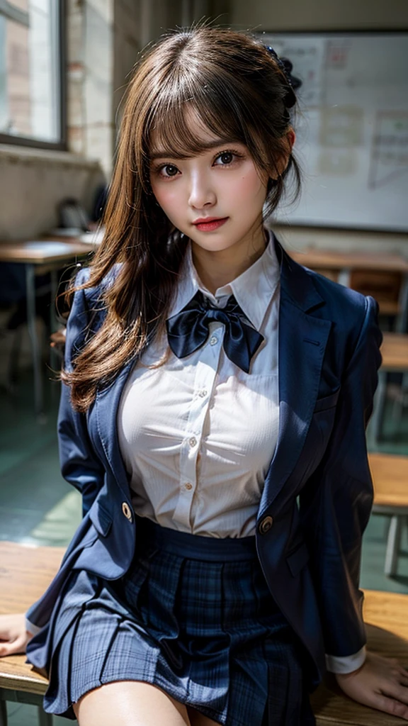 8k, highest quality, real image, intricate details, Super detailed, ultra high resolution, depth field,(realistic,realistic:1.2),from the middle, 1 Japanese girl, very beautiful 17 year old girl, Big eyes, beautiful breasts:1.5、highly detailed eyes:1.2), (beautiful breasts:1.1), (small breasts:1.5), wavy hair、curly hair、bangs, perfect skin, Fair skin, huge hips, thick thighs, thick legs, tight waist,Hands on her chest, sit in a chair, light blush, alone, (sob:1.1), (Are crying:1.1), (School_uniform),(dark blue blazer), (white shirt、wear a tie), (gray pleated skirt), (sculpture installation :1.1)