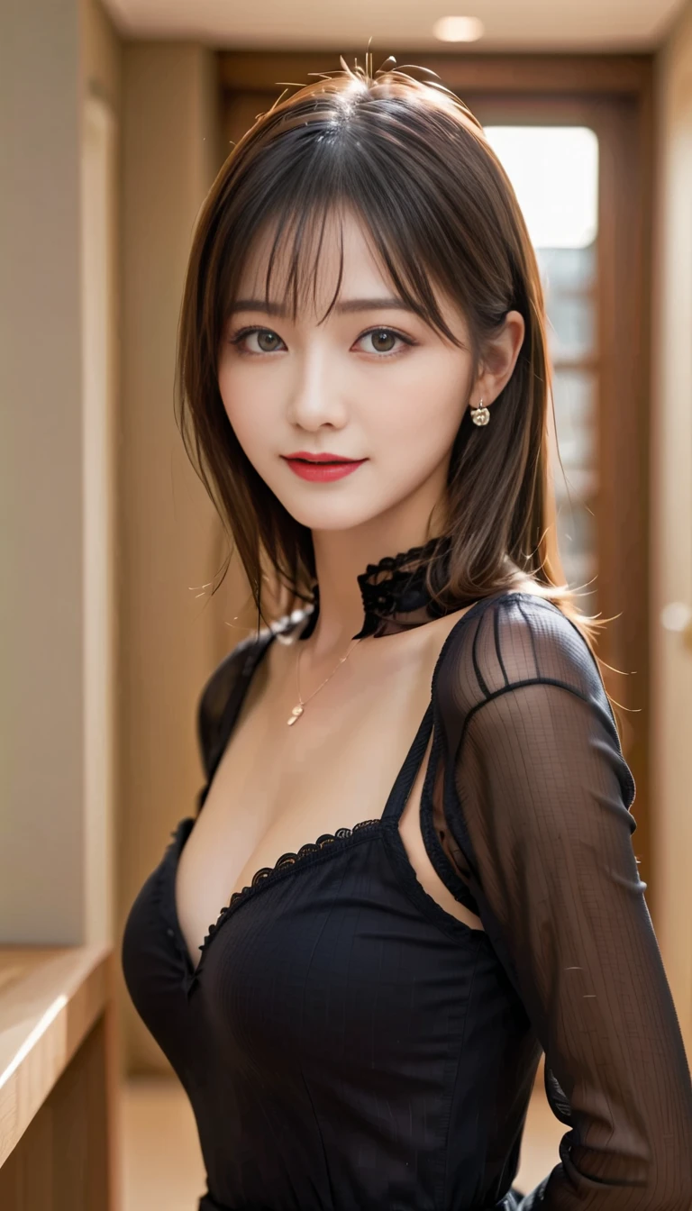 masterpiece, highest quality, Realistic, Very detailed, Finer details, High resolution, 8k wallpaper, One beautiful woman, Wear an elegant black see-through blouse, In a great restaurant, At night, Light brown shaggy haircut, Perfect dynamic composition, Beautiful and beautiful eyes、Big earrings、Sleeveless shirt、