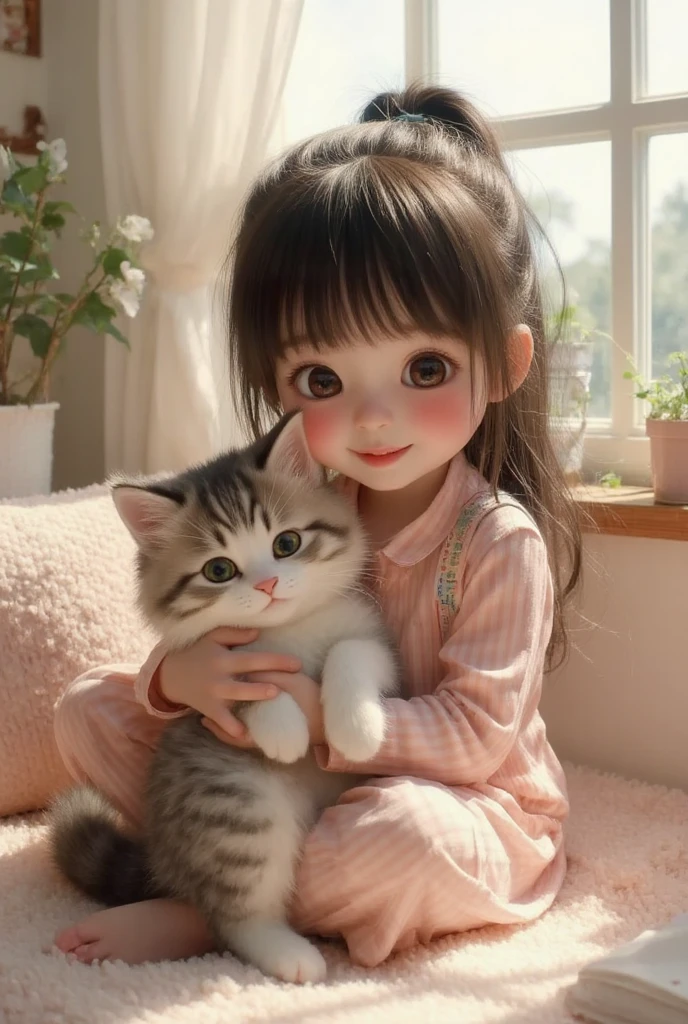 Photorealistic、Chibi girl sitting on a bench with a cat and a butterfly、Baby Face