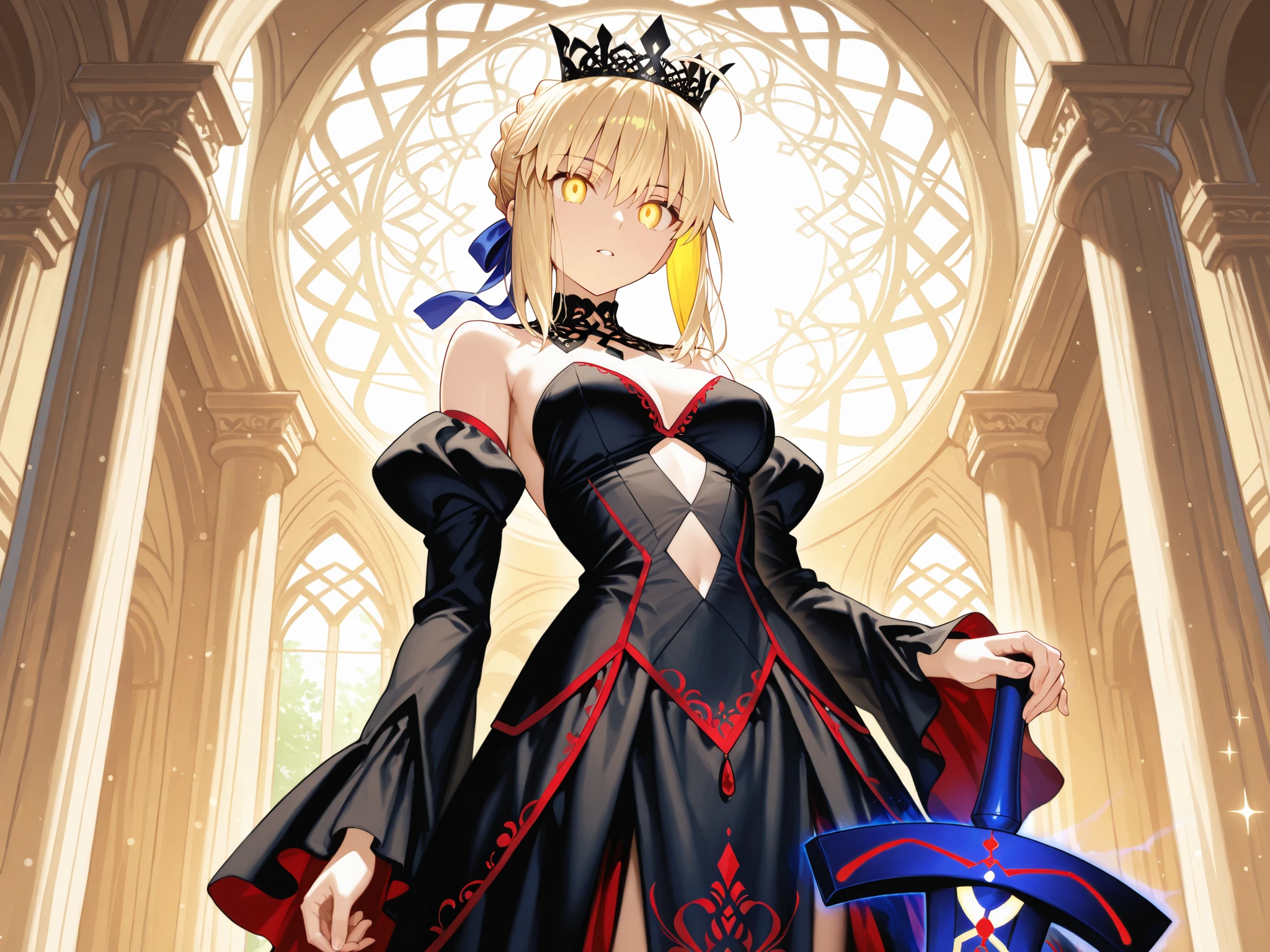 BEST QUALITY、Masterpiece、anime style、BEST QUALITY、high resolution、4K,Realism,1 girl, solo,A blonde woman in dark clothing, The flowing strapless dress tilts gracefully in a vivid saturated setting, Dominated by deep purples and black. Her costume is exquisite, The ruffled sleeves and ornate pattern along the lines of the dress, Exudes mystery and elegance. She holds a sword with a black hilt and red trim, Suggesting a sense of power and preparedness. The background creates a haunting atmosphere, ,Jagged peaks and shadows create drama, Standing out from the otherworldly background . The scene is lit with a soft glow,Suggesting a twilight or magical setting, Enhanced by glowing highlights and subtle sparkles scattered in the air. The composition blends fantasy elements with a strong visual mood, 《Fate/stay night》Altoria Pendragon in, Golden Eyes,short golden hair