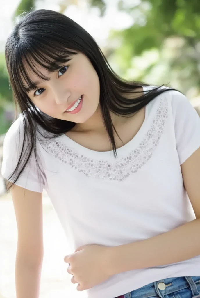 highest quality, soft light, ultra high resolution, (realistic:1.4), full_body,RAW photo, 1 japanese girl, alone, cute, (pupil, light in the eyes), detailed beautiful face,(High resolution details of human skin texture), (long hair), outdoor, Y-shirt,skirt, (portrait),spring,big smile