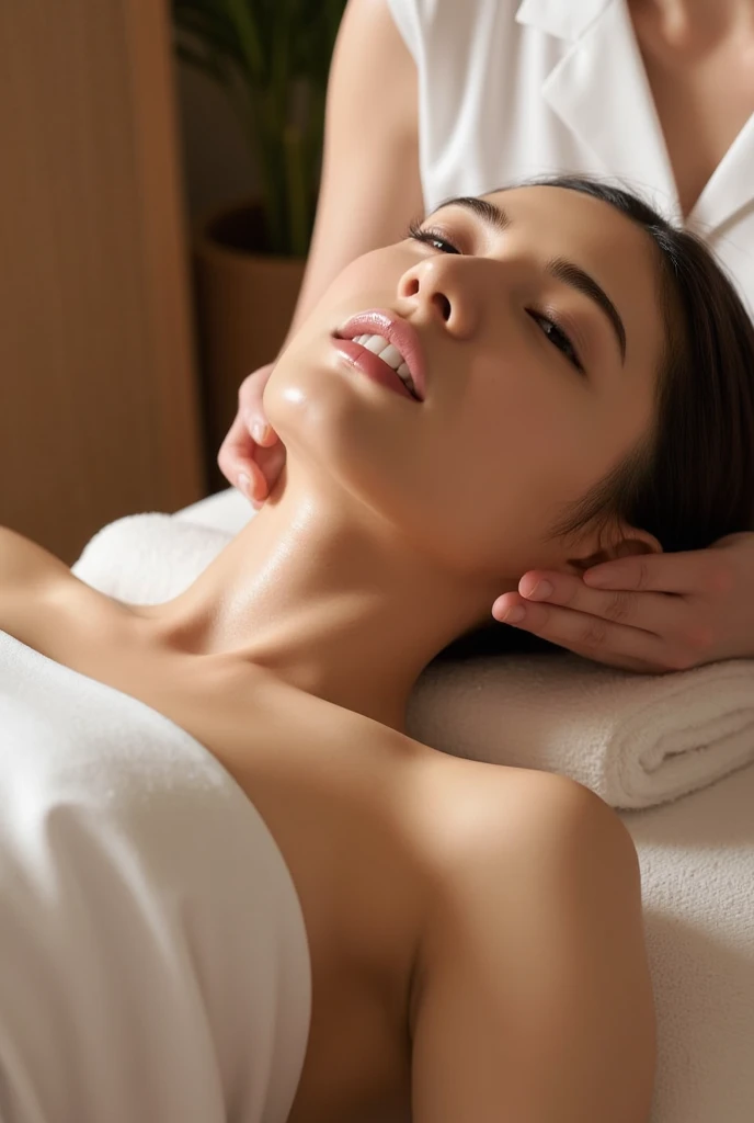 A woman lying face down receiving an oil massage