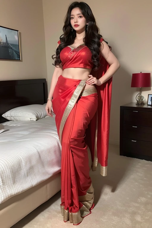Wavy curly hair，Heavy makeup，Red lips，Clear silk pantyhose，By bangs wearing hot saree, 8k at home, standing, full body 
