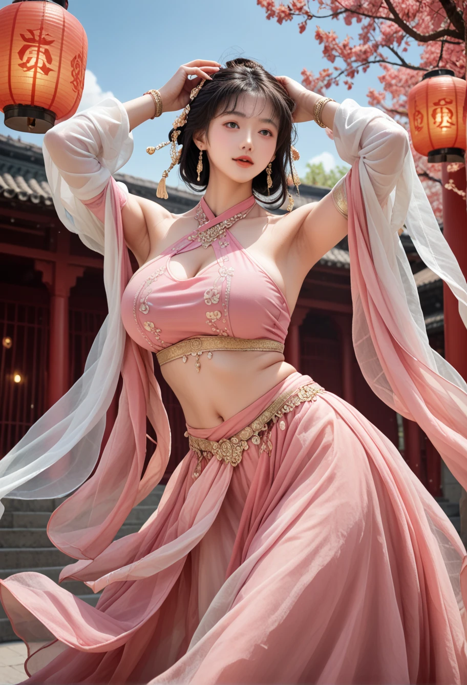 a picture、​masterpiece、top-quality、nffsw、hight resolution、realistic detail、40k、hyper realisitic、Photoreal Stick、nffsw、Hi-Res、Cowboy Shot、accurate anatomy、one girls、((A MILF))、(Pregnant women)、(Big belly)、Big belly that is not cracked、with round face、beautiful countenance、A detailed face、Unevenness of the skin、huge-breasted、Brown-eyed、(The long-haired、A dark-haired、Very straight hair:1.4、hime-cut:1.4)、Navel、Earring Necklace、kindly smile、 glistning skin、mature figure、Plump body、voluptuous breasts、perfect bodies、Wide waist、colourfull、looking at the viewers、facing the front there、
Gilded Chinese Palace,Look at viewers,depth of fields,bokeh dof,light falling,(See-through pink dress)、Cherry blossoms are blooming、a lot of cherry blossom、 (see-through underware)、See-through red shirt、See-through black skirt、watercolor paiting、Traditional Media、(chromatic abberation、intricate detailes)、dynamicposes、dynamic ungle、Angle from below、ancient Chinese costume、Ancient Chinese style hairstyle、up hairstyle、Wearing see-through white silk cloth all over、