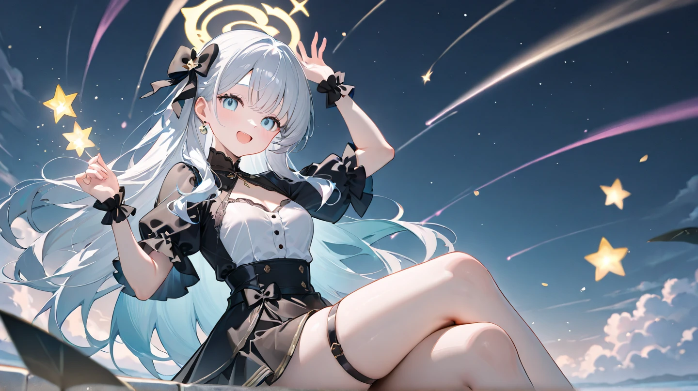 masterpiece, Highest quality, High resolution,Follow the on-screen instructions、Anime Style、Follow the prompts、One Girl、Long silver hair、、mini skirt、Leg stretch、Spread your legs out to the side、Panties are visible