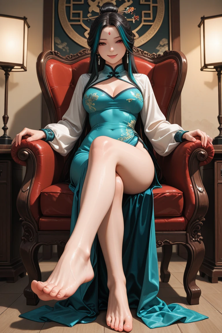 photorealistic seductive royal sister, heavy breasts, (gloriously beautiful detailed anime face),Smoky makeup,Dark eyeshadow,Heavy makeup, red eyes, jewelrys, some hair ornaments and accessories, large presence earring, bracelet, gyuru, anklet, luxurious gorgeous short chinese-dress,(Stiletto pointed toe heelare legs), Sexual temptation,Teasing expressions,sitting on (sofa),sexual teasing,Sexual suggestiveness,(spread legs and lift up skirt and show off detailed pussy and pubic hair), A seductive smile,Chinese court,Chinese style,Oriental flair,lamp lights,hyper HD, accurate,anatomically correct,highly detailed character,Stiletto heelare legs, round and smooth bare legs,(8K,RAW photograph,best quality,masterpiece:1.2),(role)concept-art),full body concept,fine detail,center of screen, trinkets,