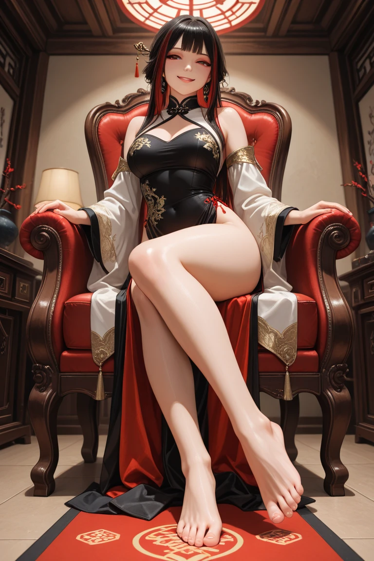 Ridiculous resolution，A high resolution，（tmasterpiece：1.4），ultra - detailed，1 stunning girl，180cm tall，Breasts are medium in size，Slender and slender long legs，The chest is full of legs，Wide buttocks，onbed，from the above，the space，afloat，Red Chinese dress，red dress，show legs，black lence stockings，Silvery hair，Golden eyes，Hand out of the box