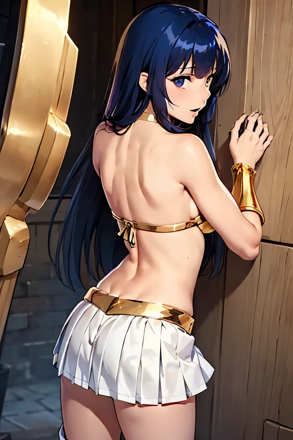 (((masterpiece))), score_9, score_8_up, score_7_up, ((comics, anime)), (3DCG), asou yuuko, bikini armor, highest quality, high resolution, 8K, ultra-realism, super detailed and realistic skin texture, Realistic skin, Ruins, Devil's Castle, (Worm’s Eye View), looking back, Radiant Skin, Photometry, (((Slim figure))), Bright colors, , close-up of a beautiful young woman's back , (((((standing))))), ((((back view)))), hands clenching their breasts,
BREAK 1 girl, 18 yo, Dirty Pair yuri, Elegant mature girl, sexyposture, (Adult body), Fine skin, real looking skin, Height:158cm, body weight:42㎏, breasts:82cm, waist:58cm, hip:80cm, Ultra-fine facial texture, Realistic beautiful face, realistic beautiful eyes, very detailed eyes, beautiful fingers, Beautiful detailed eyes,
BREAK ((flat chest)), ((slender body)), (((Thin thighs))), narrow waist, (((perky breasts))), Long legs, ((small head)), BREAK armor knight, (((bikini-type gold metal breastplate, lift))), intricate decoration, (((crop top))), (((strapless dress))), ((Cleavage)), (((choker))),
BREAK (((((Thigh-length gold metal boots, pin heel))))), (((gold metal gauntlet))), ((gold metal shoulder guard)), Metallic Shine,
BREAK (((knee length skirt))), ((((white pleated skirt)))), gold metal belt, ((long fantasylegend sword)),
BREAK ((beautiful dark blue hair)), (((Long hair))), ((straight hair)), (silky hair), ((asymmetrical bangs)), ((hair between eyes)), ((46 points oblique bangs)), ((beautiful dark navy eyes)), natural makeup,
BREAK ((((Place both hands on the wall)))), ((Gazing at Something Off-Frame)), I can't show my face, ((arched back)), ((steam)),(((breath))), (glossy skin), ((sweating skin)), ((wet hair)), ((droplets of sweat)),