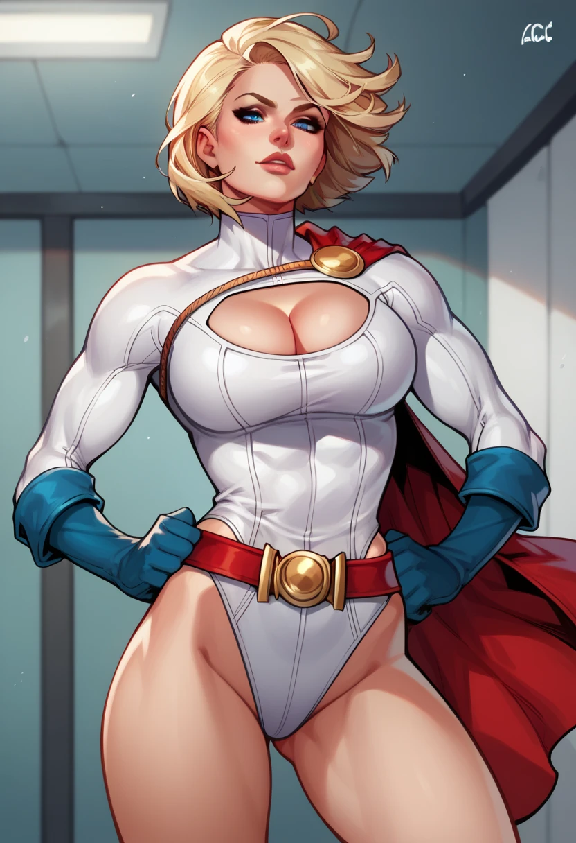 (masterpiece:1.2, best quality:1.2, beautiful, high quality, highres:1.1, aesthetic), detailed, extremely detailed, ambient soft lighting, 4K, perfect lighting,
CARTOON_DC_powergirl_ownwaifu, www.ownwaifu.com,
breasts, blonde hair, blue eyes, large breasts, short hair, lips, thighs, makeup, lipstick, muscular, muscular female, thick thighs, huge breasts, red lips, groin, curvy,
cleavage, cleavage cutout, clothing cutout, superhero, belt, blue gloves, red cape, white leotard, highleg leotard, highleg, loose belt, turtleneck,
<lora:CARTOON_DC_powergirl_ownwaifu-15:0.6>