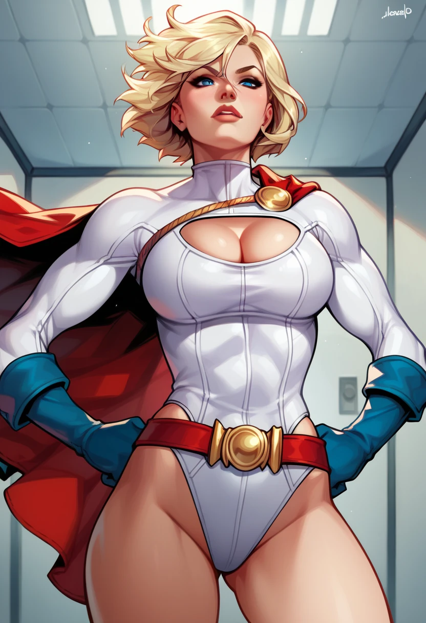 score_9, score_8_up, score_7_up, score_6_up, score_5_up, score_4_up, Sexy, Superheroine, blonde hair, green eyes, long hair, busty, ((White highleg leotard with a t-back thong)), gold belt, gold rocket ship as buckle, gold cape, thin white headband 