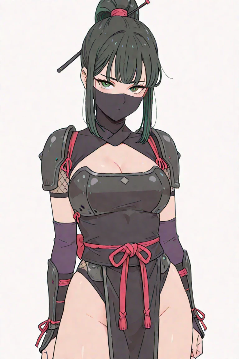 prisoner of war, ninja, ponytail, black mask, medium breasts, torn clothes, Cloth wrapped around chest, restraint, anger, slanted eyes, rope, whole body wet, wet crotch, wet thighs, Watery eye , shy