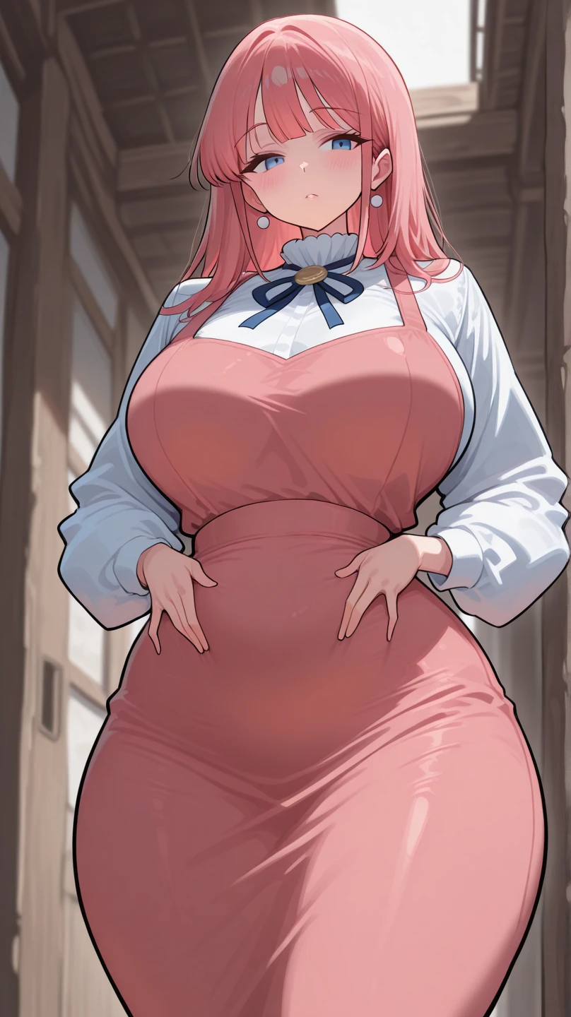 Full body girl, pregnant, huge belly, huge breasts, yellow eyes, glasses, shy, earrings, hair ribbon, long hair, side ponytail, pink hair, tsundere, embarrassed, pout, Very thight dress, visible belly, hands on belly, open shirt, on ofice, sitting on a chair, high heels, best quality