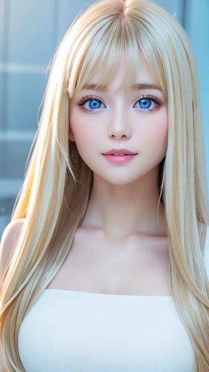 A beautiful blonde girl, Glossy firm and shiny skin, bangs between the eyes, Beautiful shiny straight platinum blonde, Super Long Straight Silky Hair, eyeliner, sexyで美しい無邪気な16歳, High-definition shining beautiful bright light blue very large eyes, very big eyes、very beautiful and nice girl, ((huge ))、((erotic、sexy、ultra high resolution、the lighting is bright、Precise hands without any discomfort))、hair over eyes、hair over one eye、hair between eyes、Extremely pure white, bright and glossy skin、cheek highlights、A little smile、shy and bright look、small face beauty、round face
